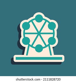 Green Ferris wheel icon isolated on green background. Amusement park. Childrens entertainment playground, recreation park. Long shadow style. Vector