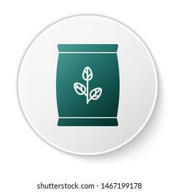 Green Fertilizer bag icon isolated on white background. White circle button. Vector Illustration