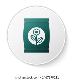 Green Fertilizer bag icon isolated on white background. White circle button. Vector Illustration