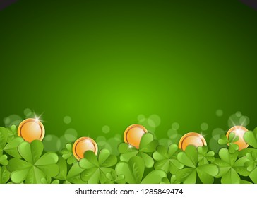 Green festive background, clover and golden coins. St.Patrick 's Day