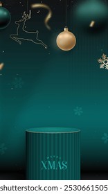 Green festive background with deer, ornament, and podium