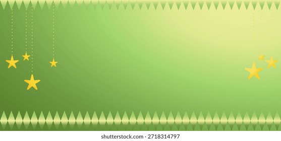 Fondo festivo verde con decoraciones de estrellas colgantes que simbolizan la celebración de Eid y la atmósfera de vacaciones islámicas