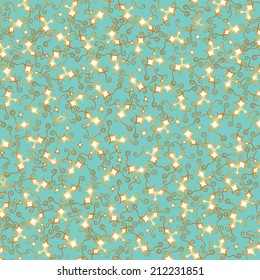 Green festive background with a pattern of gold stars and swirls. Christmas background