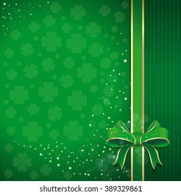 Green festive background with ribbon, bow and leafed clover for St. Patrick's Day. St. Patrick's Day background with free space for text. Template for creating flyers, leaflets, banners, posters.