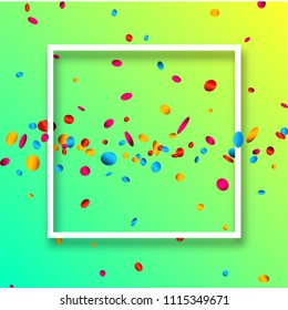 Green festive background with white frame and colorful oval confetti. Vector illustration.