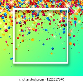 Green festive background with white frame and glossy colorful oval confetti. Vector illustration.
