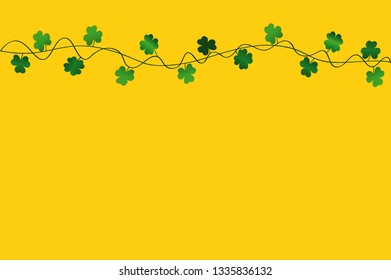 Green festive bunting with clover. Irish holiday - Happy St. Patrick's Day with a garland of three-leaf. Greeting card, poster, banner. Vector