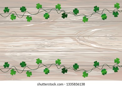 Green festive bunting with clover. Irish holiday - Happy St. Patrick's Day with garland of three-leaf. Greeting card, poster, banner. Vector on wooden background
