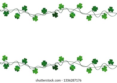Green festive bunting with clover. Irish holiday - Happy St. Patrick's Day with a garland of three-leaf. Greeting card, poster, banner. Vector