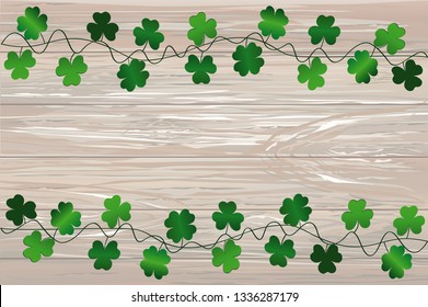 Green festive bunting with clover. Irish holiday - Happy St. Patrick's Day with garland of three-leaf. Greeting card, poster, banner. Vector on wooden background