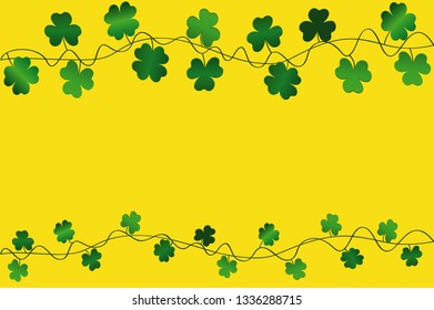 Green festive bunting with clover. Irish holiday - Happy St. Patrick's Day with a garland of three-leaf. Greeting card, poster, banner. Vector