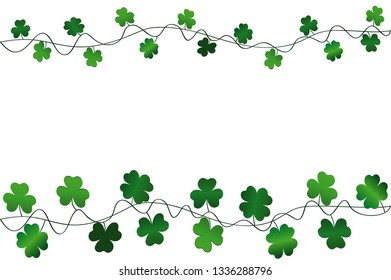 Green festive bunting with clover. Irish holiday - Happy St. Patrick's Day with a garland of three-leaf. Greeting card, poster, banner. Vector