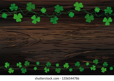 Green festive bunting with clover. Irish holiday - Happy St. Patrick's Day with garland of three-leaf. Greeting card, poster, banner. Vector on wooden background