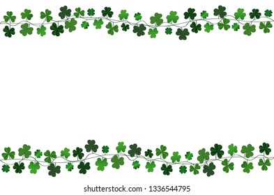 Green festive bunting with clover. Irish holiday - Happy St. Patrick's Day with a garland of three-leaf. Greeting card, poster, banner. Vector