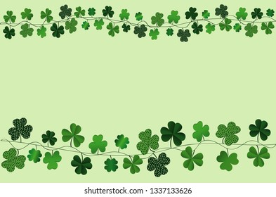 Green festive bunting with clover. Irish holiday - Happy St. Patrick's Day with a garland of three-leaf. Greeting card, poster, banner. Vector