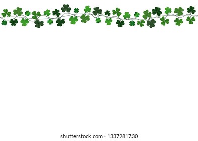 Green festive bunting with clover. Irish holiday - Happy St. Patrick's Day with a garland of three-leaf. Greeting card, poster, banner. Vector