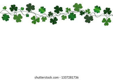 Green festive bunting with clover. Irish holiday - Happy St. Patrick's Day with a garland of three-leaf. Greeting card, poster, banner. Vector