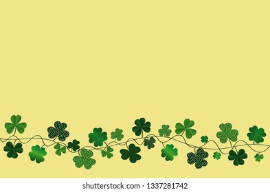 Green festive bunting with clover. Irish holiday - Happy St. Patrick's Day with a garland of three-leaf. Greeting card, poster, banner. Vector