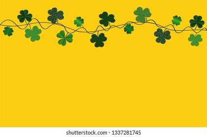 Green festive bunting with clover. Irish holiday - Happy St. Patrick's Day with a garland of three-leaf. Greeting card, poster, banner. Vector