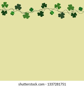Green festive bunting with clover. Irish holiday - Happy St. Patrick's Day with a garland of three-leaf. Greeting card, poster, banner. Vector