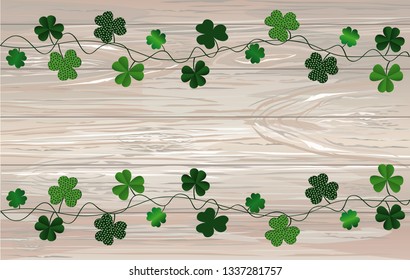 Green festive bunting with clover. Irish holiday - Happy St. Patrick's Day with garland of three-leaf. Greeting card, poster, banner. Vector on wooden background