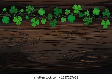 Green festive bunting with clover. Irish holiday - Happy St. Patrick's Day with garland of three-leaf. Greeting card, poster, banner. Vector on wooden background