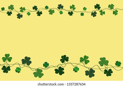 Green festive bunting with clover. Irish holiday - Happy St. Patrick's Day with a garland of three-leaf. Greeting card, poster, banner. Vector