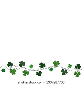Green festive bunting with clover. Irish holiday - Happy St. Patrick's Day with a garland of three-leaf. Greeting card, poster, banner. Vector