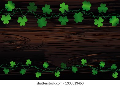 Green festive bunting with clover. Irish holiday - Happy St. Patrick's Day with garland of three-leaf. Greeting card, poster, banner. Vector on wooden background