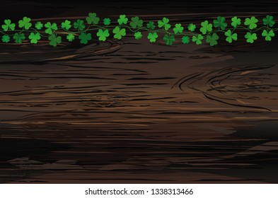 Green festive bunting with clover. Irish holiday - Happy St. Patrick's Day with garland of three-leaf. Greeting card, poster, banner. Vector on wooden background