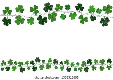 Green festive bunting with clover. Irish holiday - Happy St. Patrick's Day with a garland of three-leaf. Greeting card, poster, banner. Vector