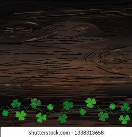 Green festive bunting with clover. Irish holiday - Happy St. Patrick's Day with garland of three-leaf. Greeting card, poster, banner. Vector on wooden background