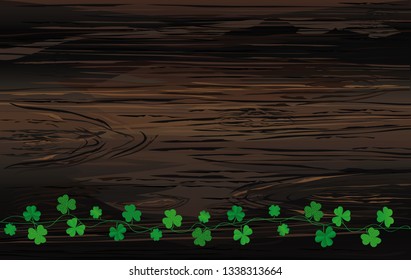 Green festive bunting with clover. Irish holiday - Happy St. Patrick's Day with garland of three-leaf. Greeting card, poster, banner. Vector on wooden background