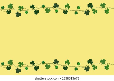 Green festive bunting with clover. Irish holiday - Happy St. Patrick's Day with a garland of three-leaf. Greeting card, poster, banner. Vector