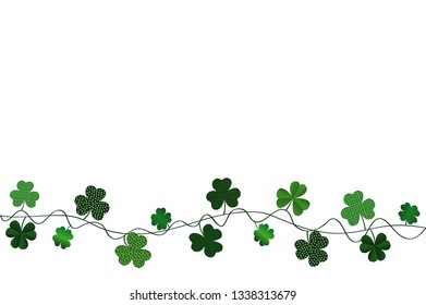 Green festive bunting with clover. Irish holiday - Happy St. Patrick's Day with a garland of three-leaf. Greeting card, poster, banner. Vector