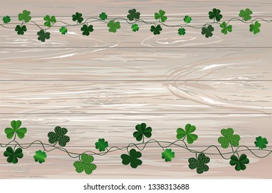 Green festive bunting with clover. Irish holiday - Happy St. Patrick's Day with garland of three-leaf. Greeting card, poster, banner. Vector on wooden background