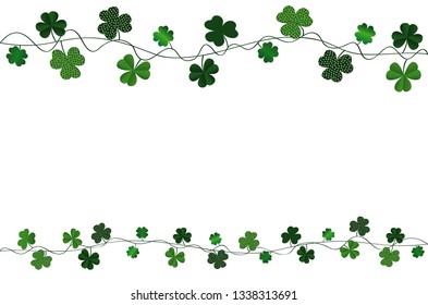 Green festive bunting with clover. Irish holiday - Happy St. Patrick's Day with a garland of three-leaf. Greeting card, poster, banner. Vector