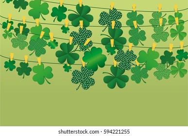 Green festive bunting with clover. Irish holiday - Happy St. Patrick's Day with a garland of three-leaf. Greeting card, poster, banner. Vector illustration.