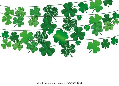 Green festive bunting with clover. Irish holiday - Happy St. Patrick's Day with a garland of three-leaf. Greeting card, poster, banner. Vector illustration.