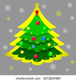 Grüner festlicher Weihnachtsbaum mit Bälle auf grauem Hintergrund mit Schneeflocken.