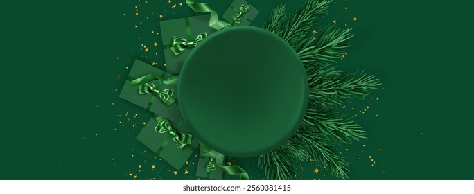 Green festive composition with circular podium - wrapped presents with satin bows, pine tree branches, golden confetti scattered around stage. Christmas holiday product display round platform.