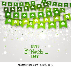 Grüne Fahnen mit Klee, Bokeh und Konfetti. Irische Feiertage, Feierlichkeiten. Herzlichen Glückwunsch an den Tag des heiligen Patricks mit Grönland. Vektorgrafik für Grußkarte, Poster, Banner