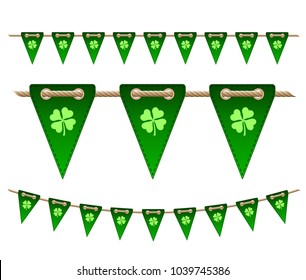 Green festive flags with clovers for Irish holiday, celebration party. Vector illustration for greeting card, poster, banner