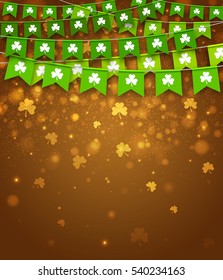 Green festive flags with clovers. Irish holiday, celebration party. Happy Saint Patrick's Day backdrop with garlands. Vector illustration for greeting card, poster, banner