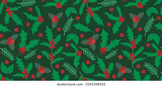 Green festive holly seamless pattern. Botanical background. New Year print with mistletoe leaves, berries, fir branches. Vector graphics. Christmas ornament for textile, packaging, paper, design