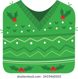 Green festive sweater with holly berry decorations, perfect for holiday celebrations. Ugly Christmas sweater party clothing adorned with seasonal patterns.