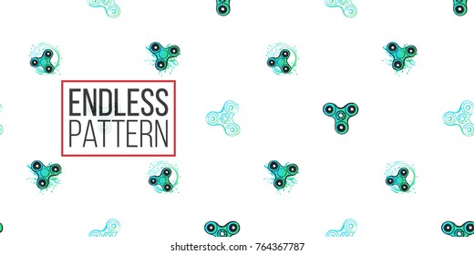 Green fidget spinners seamless pattern. Vector hand drawn fashion illustration on white background in watercolor style.