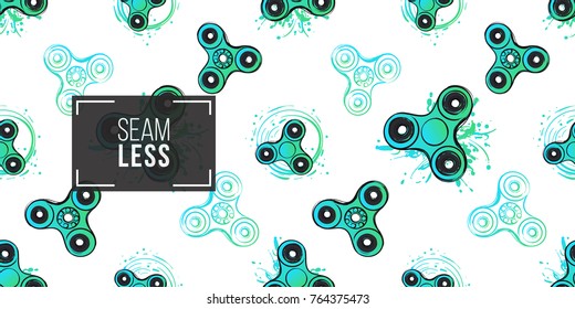 Green fidget spinners seamless pattern. Vector hand drawn fashion illustration on white background in watercolor style.
