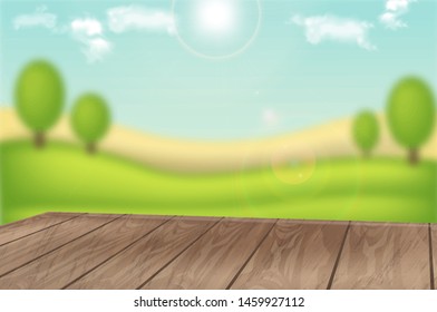 Green field background layout vector realistic. Wooden table on green view for product placement mock up