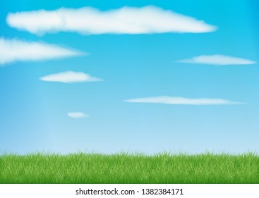 green field background with realistic grass. blue sky with clouds in the sun
